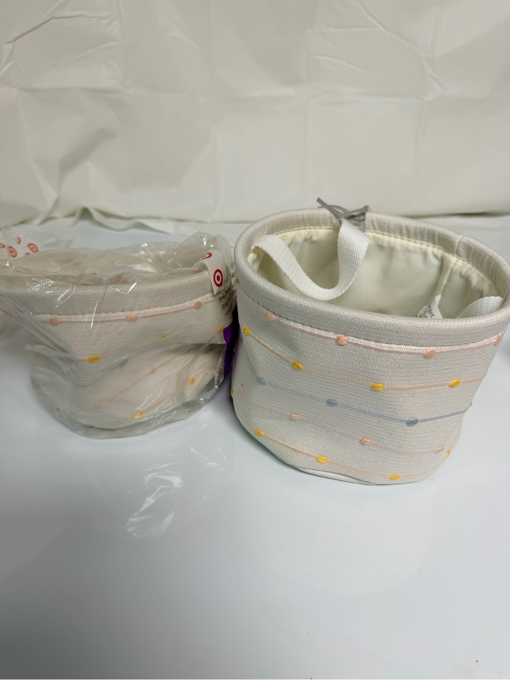 cloud island Soft Fabric Storage Bin in Cream with Pink, Yellow & Blue Dots
